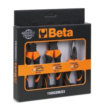 BETA 3 Piece Plier Set -1 combination , 1 long needle nose and 1 diagonal cutters, bi-material handles 011690273